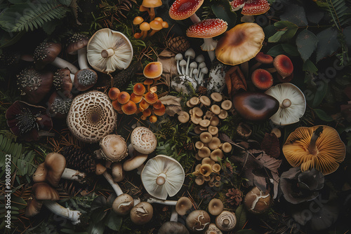 Different mushrooms in the forest, top view