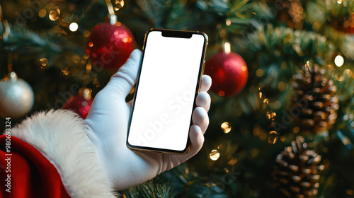 Santa is holding a phone with a blank screen in his hand. A mockup of a stylish modern phone on the background of a green Christmas tree with cones and balloons. Happy New Year