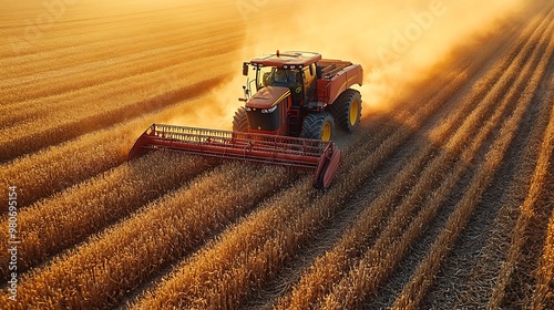 A red tractor harvests wheat in a field at sunset.