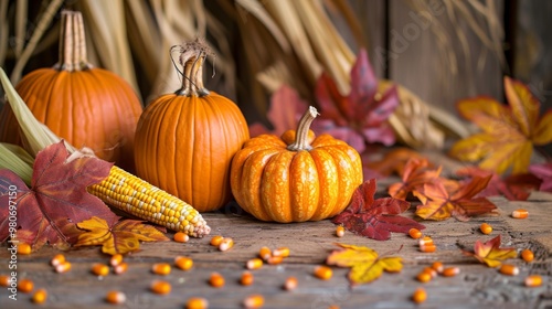 Autumn Still Life: Pumpkins, Corn, and Fall Leaves