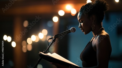 A woman reading poetry at a microphone, illuminated by soft lights in a cozy setting.