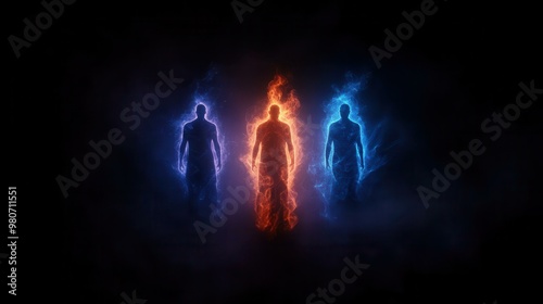 Abstract representation of three glowing figures in vibrant colors, symbolizing energy and transformation.