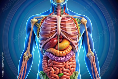 A colorful, highly detailed illustration of the human digestive system, featuring labeled organs and structures,