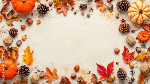 Colorful autumn leaves, pumpkins, pinecones, and nuts create a vibrant autumn scene with ample space for text on a beige backdrop.