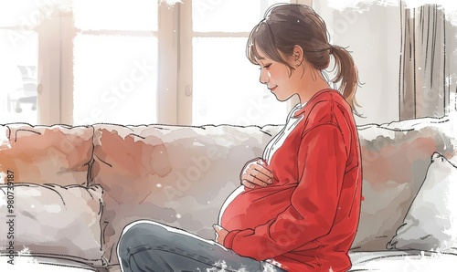 A serene moment of contemplation as a young woman cradles her baby bump while seated comfortably on a cozy sofa during the golden afternoon light