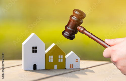 Wooden houses and judge's hammer. Real estate court decisions. Property inheritance litigation. Establishment of ownership.