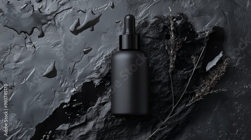 Elegant black dropper bottle placed on textured dark surface with small plant elements in a minimalist setting