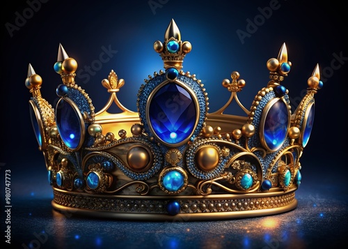 A majestic gold crown studded with vibrant blue jewels, ornate details, and intricate design, exuding luxury, power, and regal elegance on a dark, velvety background.