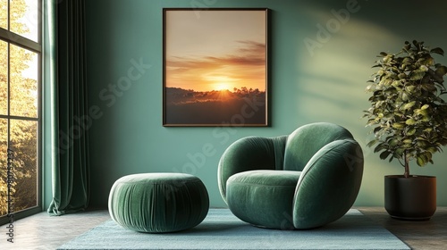 Modern interior with a velvet green chair and ottoman in a light-filled living room, minimalism-focused furniture, sunset painting adding warmth to the clean design.