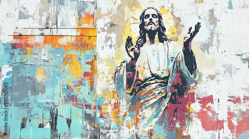 Modern religious art, with Jesus depicted in graffiti style on a building, blending contemporary and traditional forms of expression