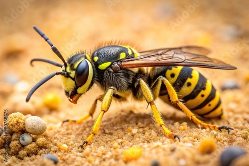 A European beewolf wasp, a yellow and black insect, perches on a sandy surface, its long antennae and