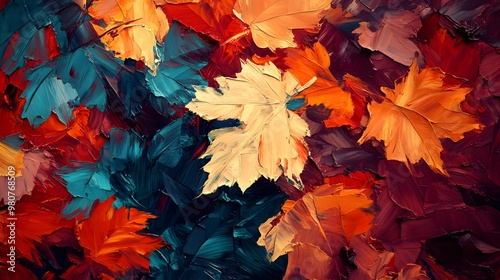 Abstract Oil Painting of Autumn Leaves in Vibrant Colors