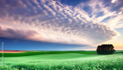 The beauty of natural fields and the grandeur of cloudscapes echo each other.