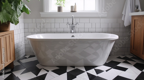 A modern bathroom with bold black-and-white geometric floor tiles, minimalist fixtures, and a freestanding bathtub