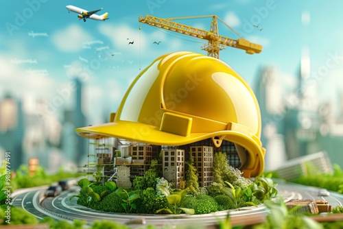 A large yellow hard hat symbolizes construction and sustainability amidst a vibrant urban landscape with greenery and cranes