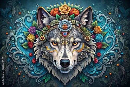 A majestic gray wolf's face merged with a sugar skull design, adorned with floral patterns and swirls, symbolizing