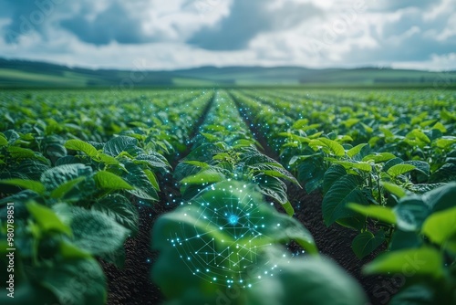 aerial view of hightech soybean farm aidriven drones monitoring crops augmented reality displays showing realtime data lush green fields