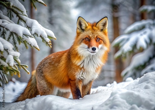 A solitary, rusty-red cross fox with a white-tipped tail and piercing yellow eyes navigates a snow-covered forest