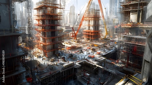 Hyper-realistic illustration of a construction site for a multistory building, showing concrete pouring, scaffolding, and cranes, sharp and detailed