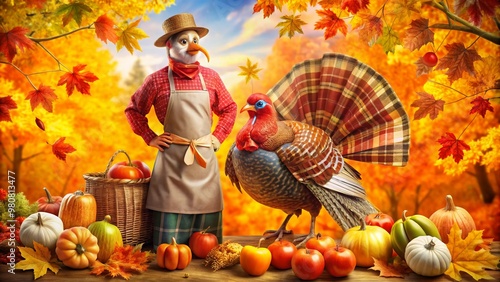 A vibrant illustration of a stylized, retro-inspired Thanksgiving poster featuring a playful, flirtatious turkey in a