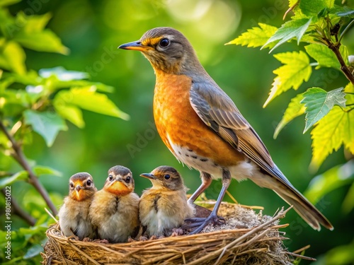 A warm and nurturing bird gathers her chirping brood of tiny chicks beneath her soft, feathery wings, exuding