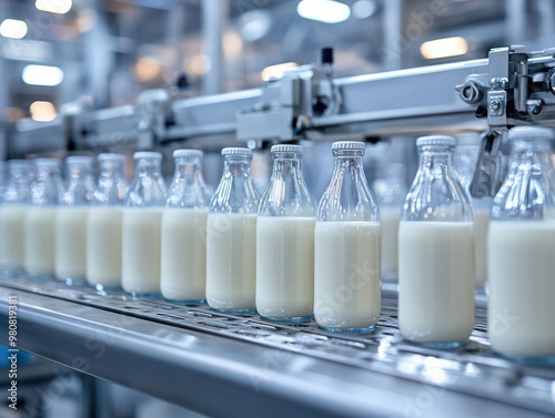 Bottles of milk on a production line in a dairy factory.