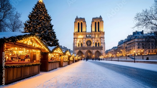 Christmas market in front of the Notre-Dame Cathedral, with glowing stalls, a carousel, and a giant festive tree, Paris winter scene 