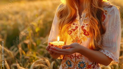 The child holds a burning candle in an embroidered Ukrainian shirt, set against a wheat field as sunset approaches. A conceptual photo commemorating the Holodomor tragedy in Ukraine.