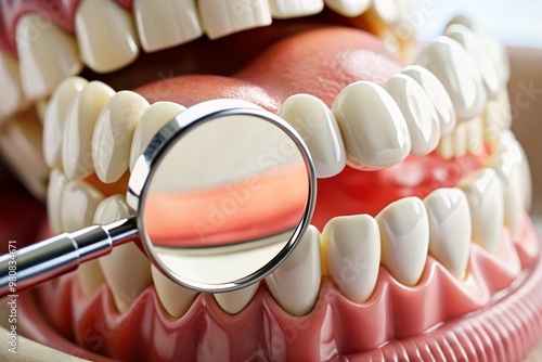 Close-up of a dentist's mirror reflecting a healthy upper left first molar, Tooth 14, with surrounding gums and