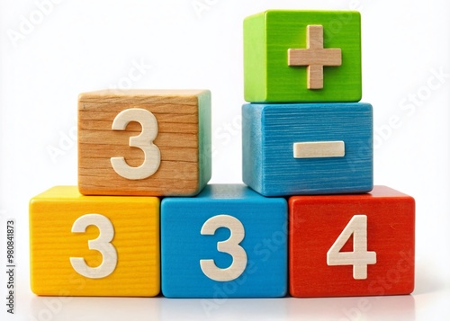 Colorful blocks stacked with numbers three, four, and five on a white background, forming a fun and educational