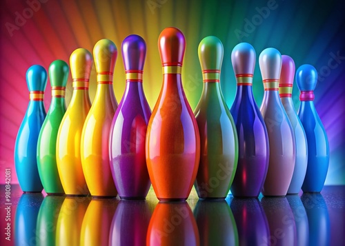 Colorful bowling pins stand upright in a triangular formation, ready to be knocked down, against a bright and