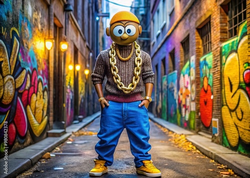 Colorful cartoon character with gold chains, baggy jeans, and a bandana, posing in a city alleyway with