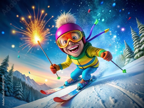 Colorful cartoon skier with oversized goggles and a goofy grin zooms down a snowy mountain trail, leaving a