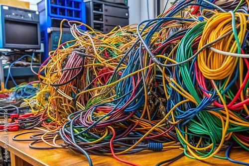 Colorful tangled mess of assorted bidirectional interface digital cables and wires sprawling out of a crowded computer