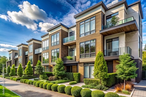 Contemporary row of sleek, multistory townhouses with clean lines, large windows, and minimalist facades, set amidst