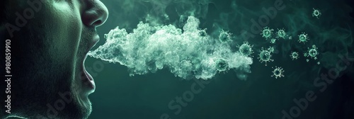 Person exhaling virus particles into the air