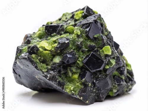 Dark greenish-black dunite rock formation with coarse-grained olivine crystals and subtle veining patterns, isolated on