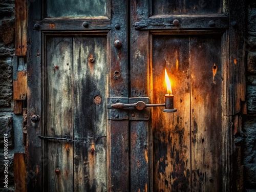 Darkness and mystery abound as a single lit match casts ominous shadows on a worn, eerie-looking door with