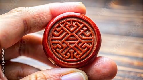 Delicate hand holding intricately crafted Chinese seal, known as a shou, adorned with calligraphy and symbolizing good