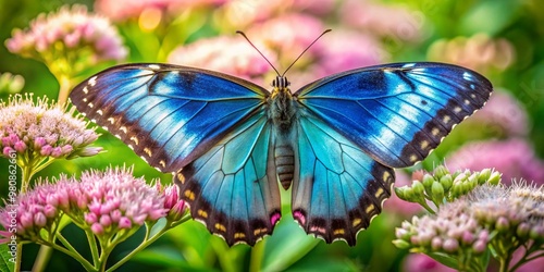 Delicate iridescent blue butterfly perches on soft pink flowers amidst lush green foliage, spreading vibrant wings to