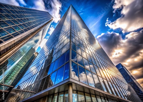 Dramatic extreme wide-angle shot of a sleek, modern skyscraper's angular architecture, showcasing a sharp 120-degree