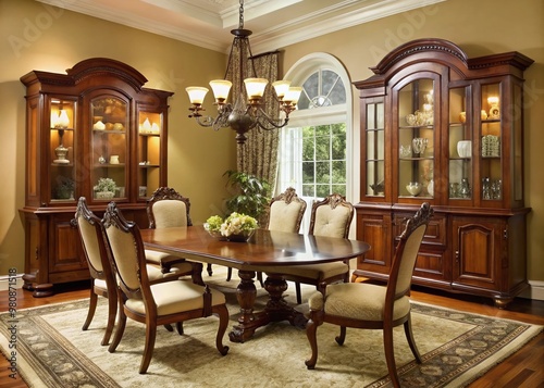 Elegant dining room featuring richly stained wood furniture, including a ornate china hutch with glass doors,