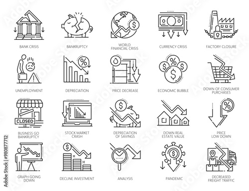 Economic crisis and money loss icons, downturn and bankruptcy symbols, line vector. World financial crisis and global economy recession icons of business bankruptcy, finance downturn and unemployment