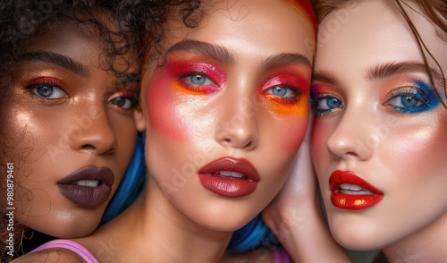 Diverse women display striking makeup artistry with bright colors and textures, emphasizing creativity and individual expression in beauty fashion