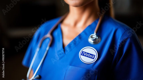 Close-up of a nurse wearing a blue uniform with a stethoscope and an "I Voted" sticker, representing healthcare professionals' civic engagement. Ideal for Election Day and healthcare-related themes