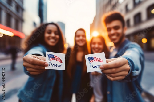 Diverse group of young voters proudly holding "I Voted" stickers, standing in a city street during sunset. Represents youth engagement in democratic processes. Suitable for Election Day