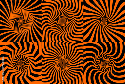 Psychedelic Halloween spiral patterns set. Retro abstract vector backgrounds of Helloween black orange wavy swirls. Halloween tie dye optical illusion patterns with geometric motif of zigzag spirals