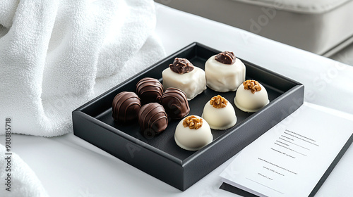 a luxurious hotel bed corner, featuring a tray with gourmet chocolates and a personal welcome note