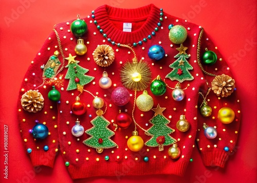 Glitzy, garish, and utterly tacky holiday sweater featuring flashy lights, pom-poms, and gaudy ornaments on a bright