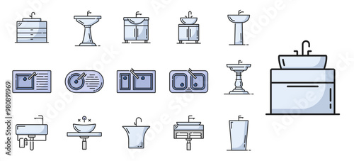 Kitchen, bathroom and basin sink line icons with water faucets and wash stands. Washbasin vector signs of plumbing fixtures with ceramic washstands, bowls and pedestals. Front and top view of sinks